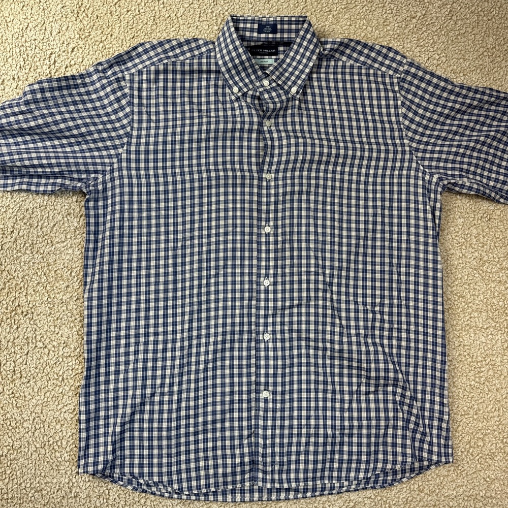 Peter Millar Collection Men's Flex Finish L/S Button Shirt Blue Check Stripe • L